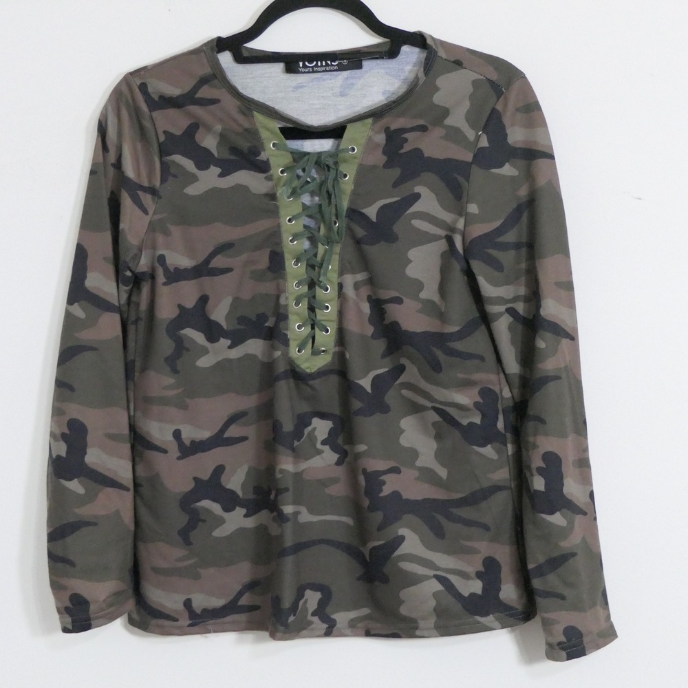 Yoins Womens Top S Green Brown Camo Lace Up Long Sleeve Military Streetwear